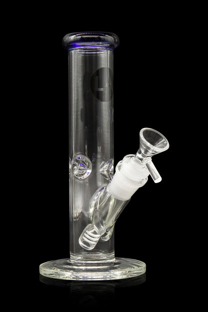 Clear glass water pipe (bong) with blue accents and a glass bowl.