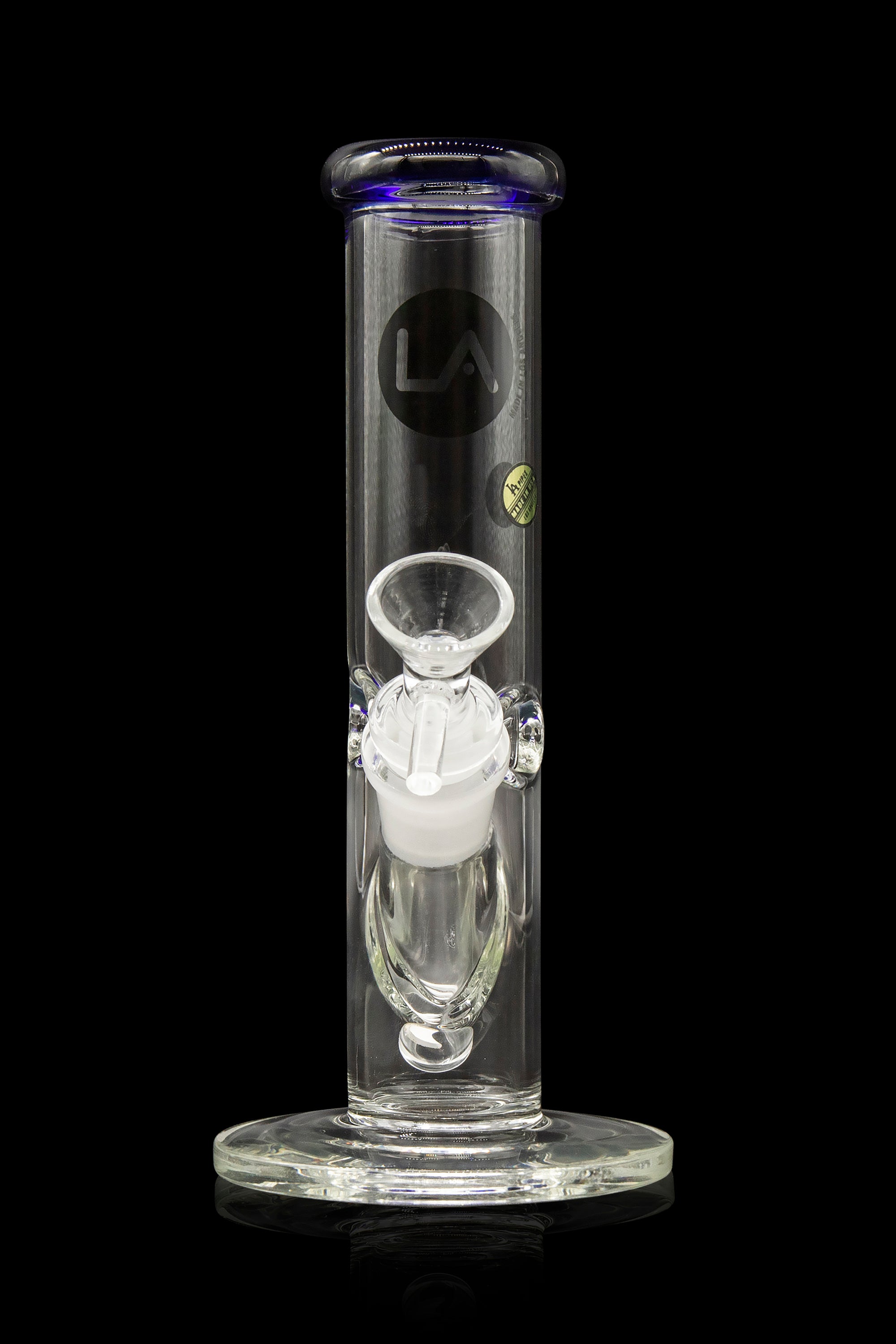 Clear glass bong with intricate white and clear glass percolator, studio logo, and blue accent rim.