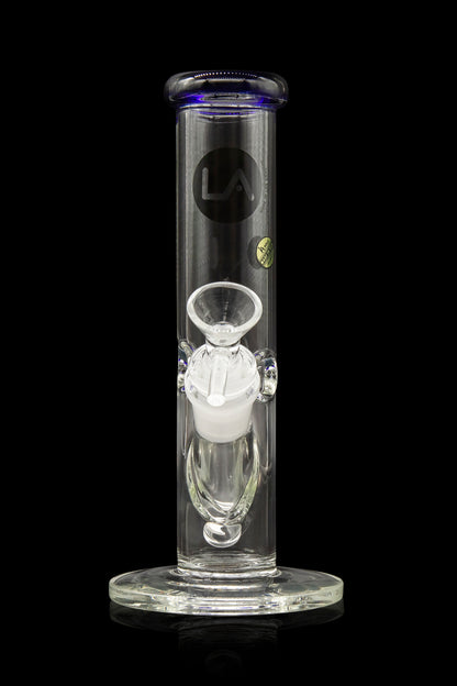 Clear glass bong with intricate white and clear glass percolator, studio logo, and blue accent rim.