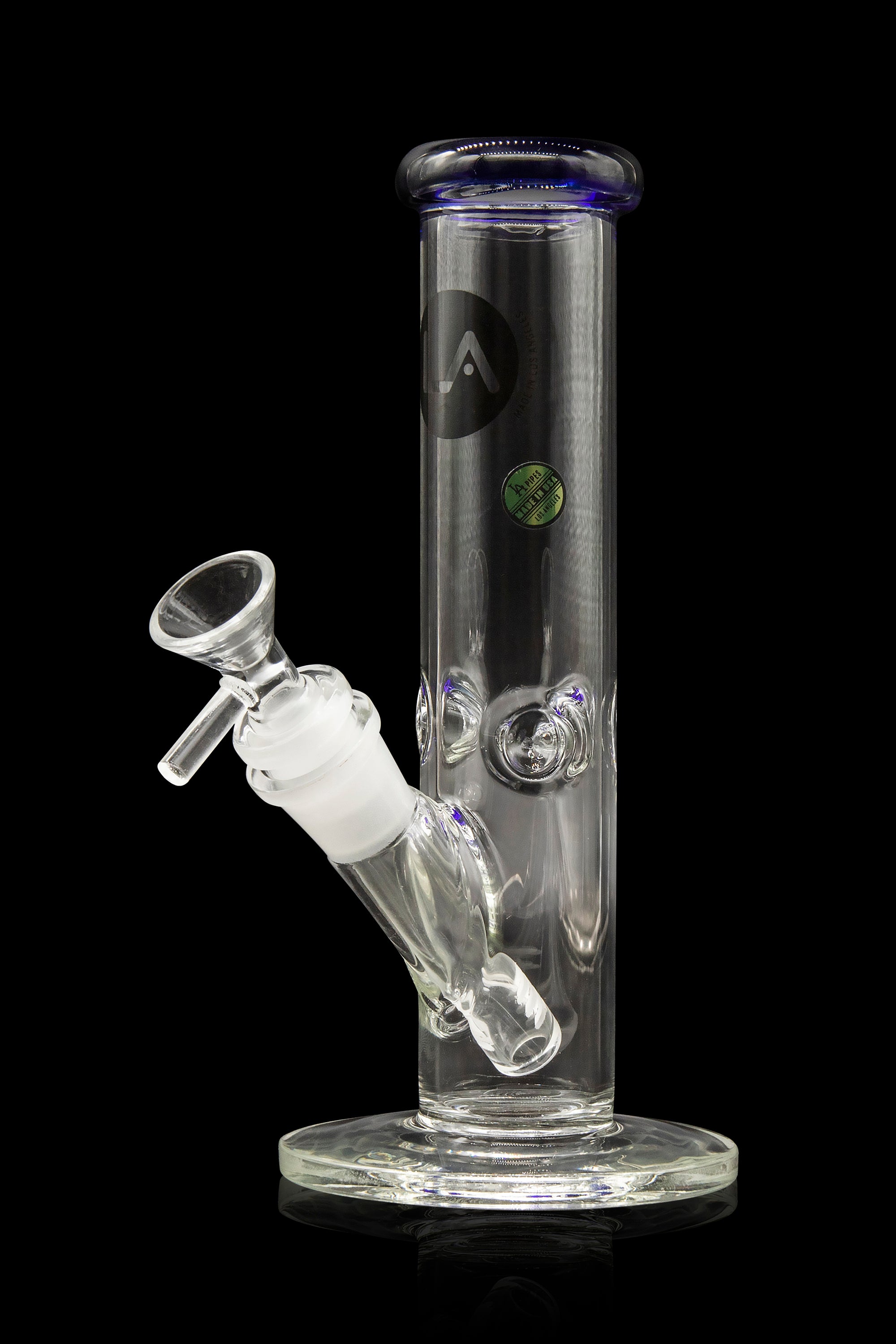 Clear glass bong with blue accents and a separate glass bowl, displayed on a reflective surface.