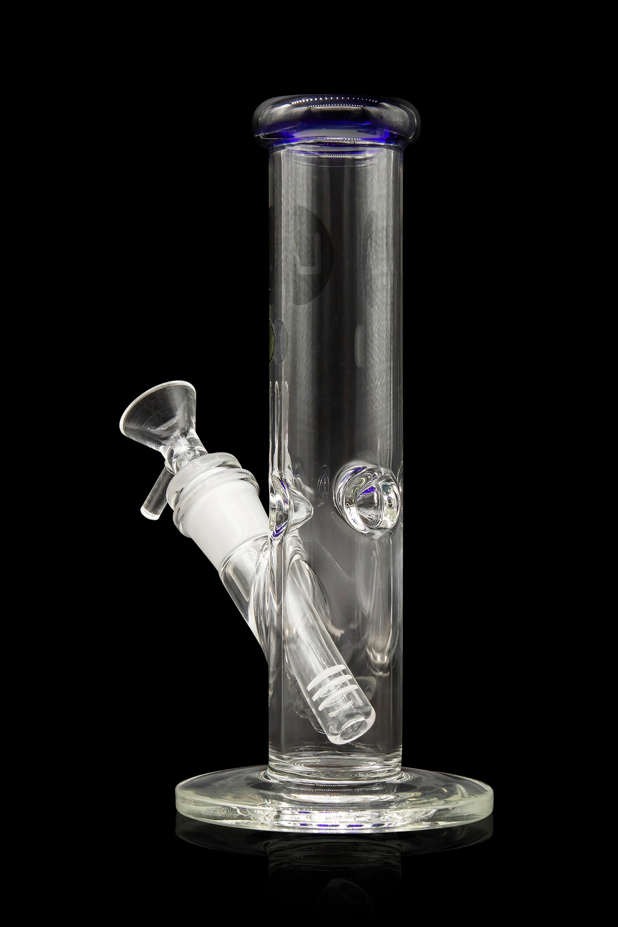 Clear glass water pipe (bong) with blue accents, isolated on a black background.