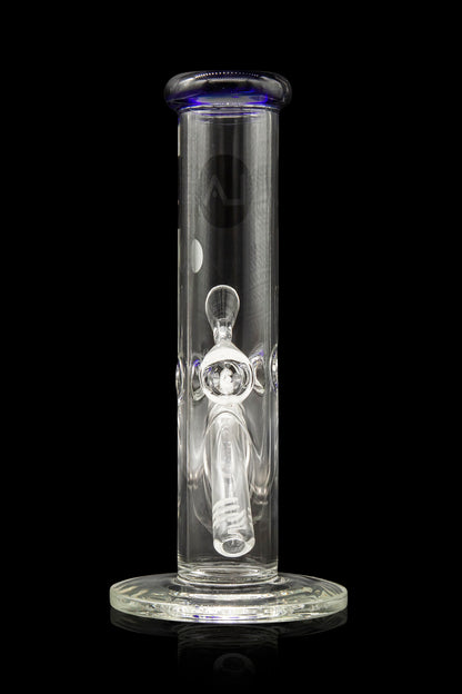 Clear glass bong with blue accents and intricate percolator.