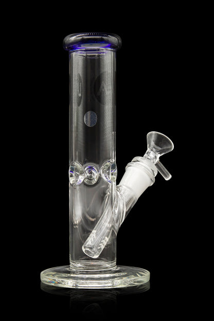 Clear glass water pipe (bong) with blue accents and a detachable downstem, isolated on a black background.