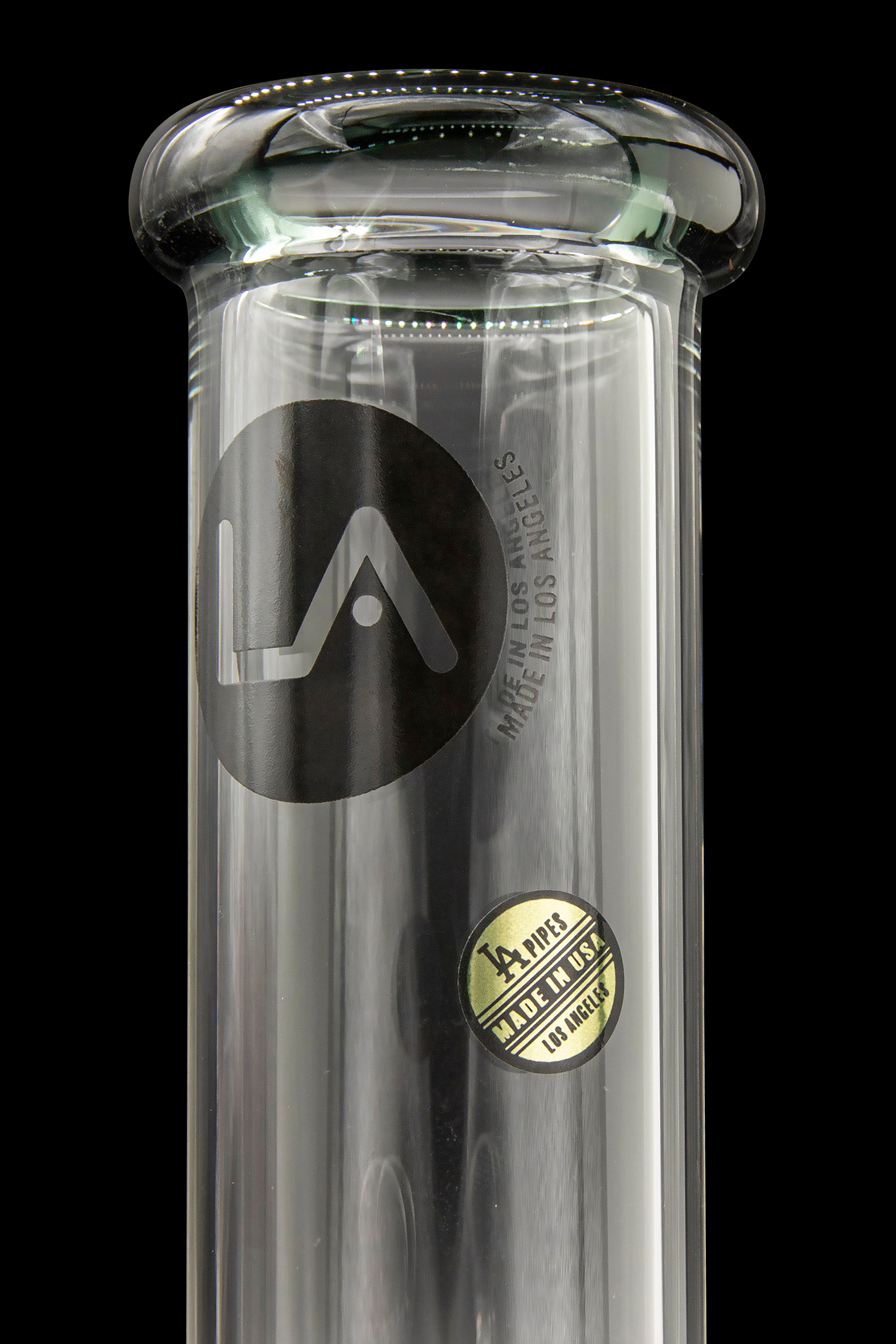 Clear glass water pipe with "LA Pipes - Made in USA" branding.