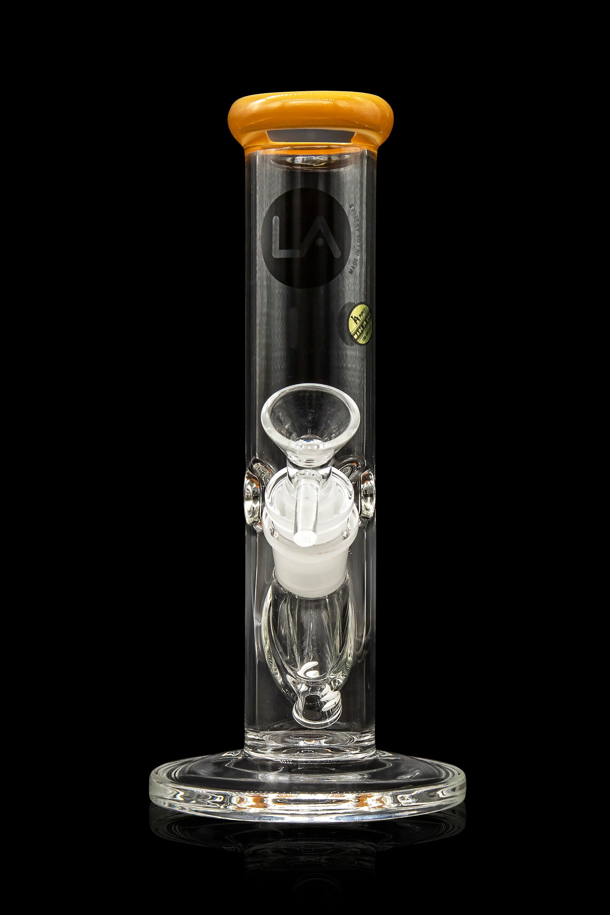 Clear glass water pipe (bong) with a wooden mouthpiece and intricate percolator chamber.