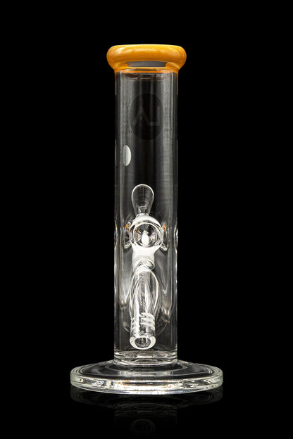 Clear glass bong with intricate bubbler and wooden mouthpiece, isolated on black.