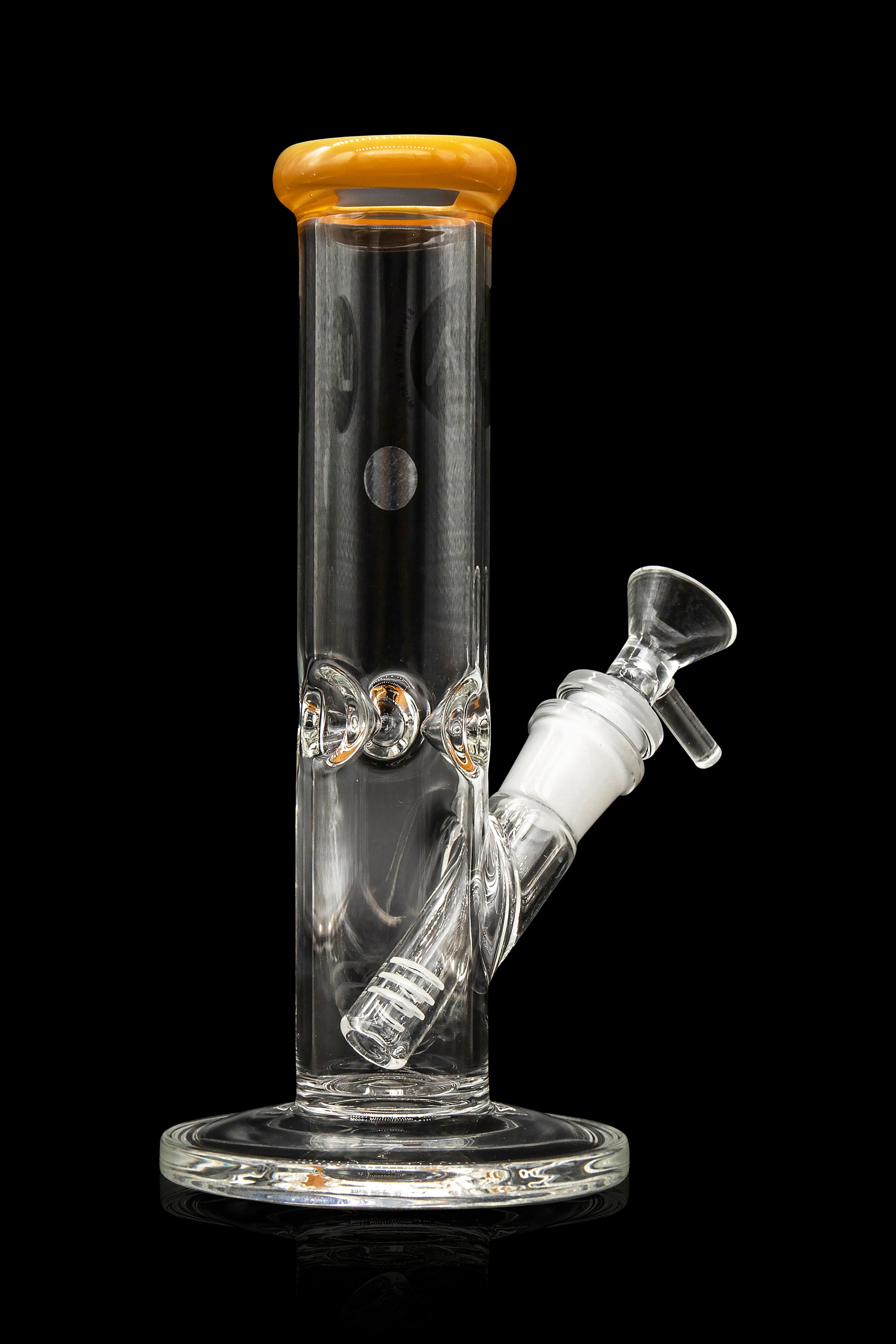 Glass water pipe (bong) with a clear body, ice pinches, and a wooden mouthpiece, isolated on a black background.