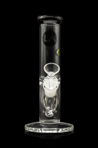Clear glass bong with a percolator, isolated on a black background.
