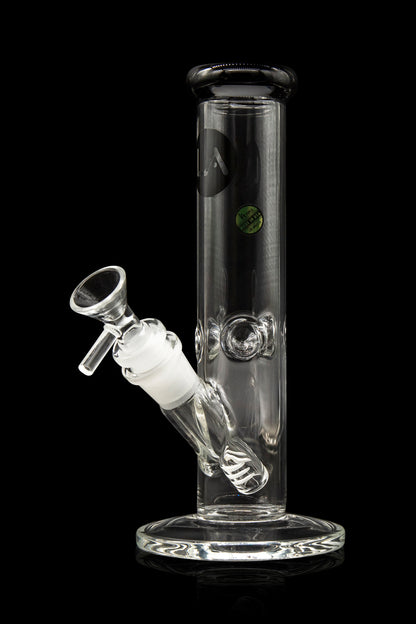 Clear glass water pipe (bong) with a glass bowl accessory, isolated on a black background.