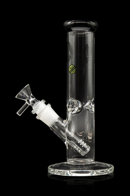 Clear glass water pipe (bong) with a glass bowl and diffused downstem, isolated on a black background.