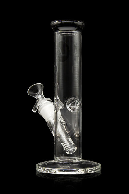 Clear glass bong with ice catcher, isolated on black.