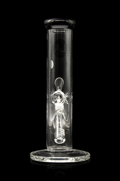 Clear glass bong with intricate percolator visible inside, studio shot on black background.