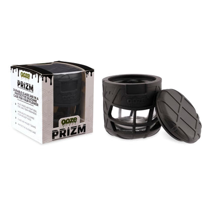 Black silicone cannabis jar with a glass insert, branded “Ooze PRISM” and displaying capacity details.