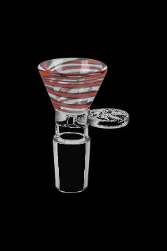 Red and white striped glass bowl for a water pipe. - 14.5mm Color Swirl Herb Slide