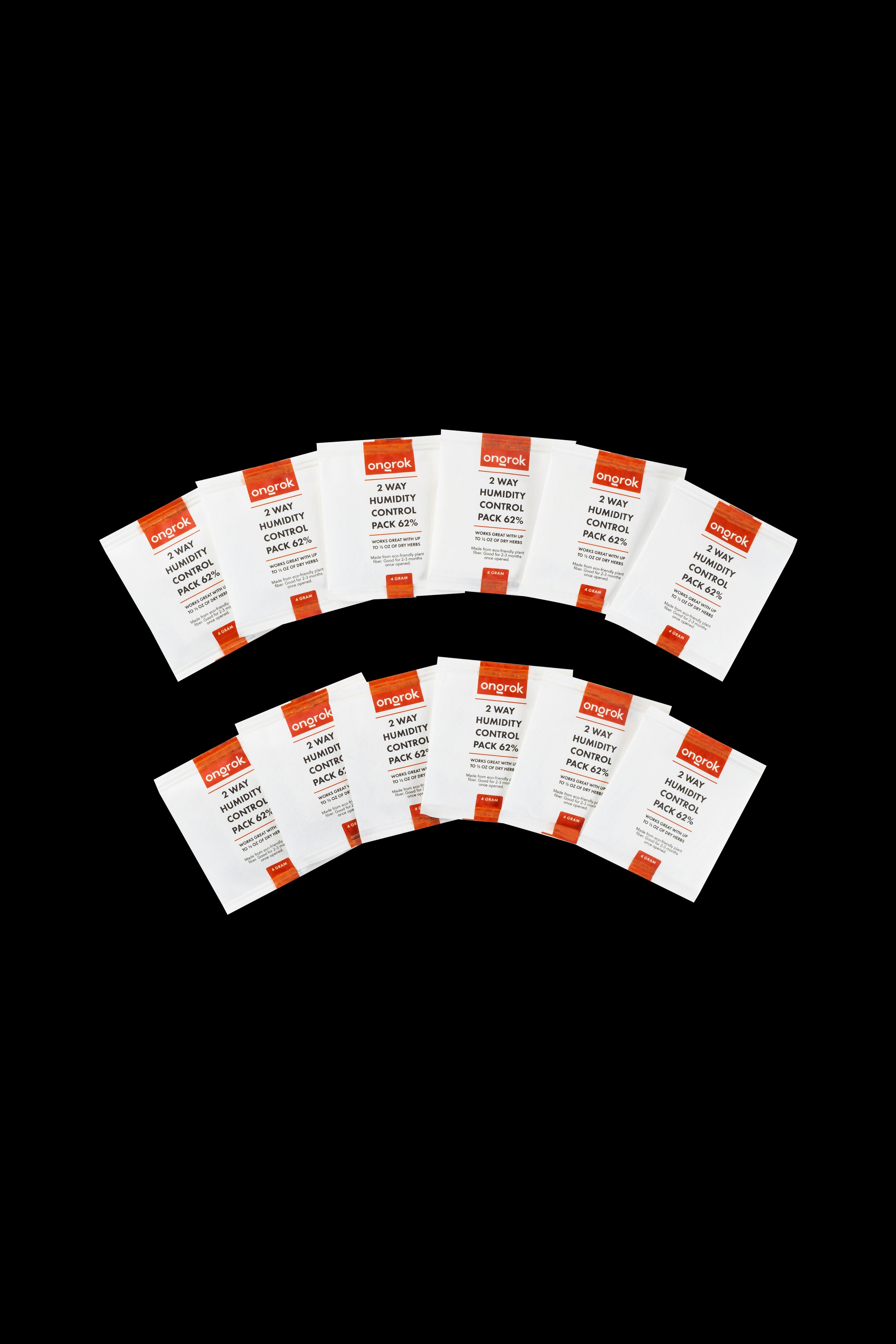 A collection of Boveda 2-way humidity control packs for cannabis preservation, arranged in a fan shape.