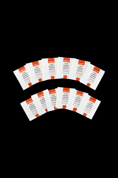 A collection of Boveda 2-way humidity control packs for cannabis preservation, arranged in a fan shape.