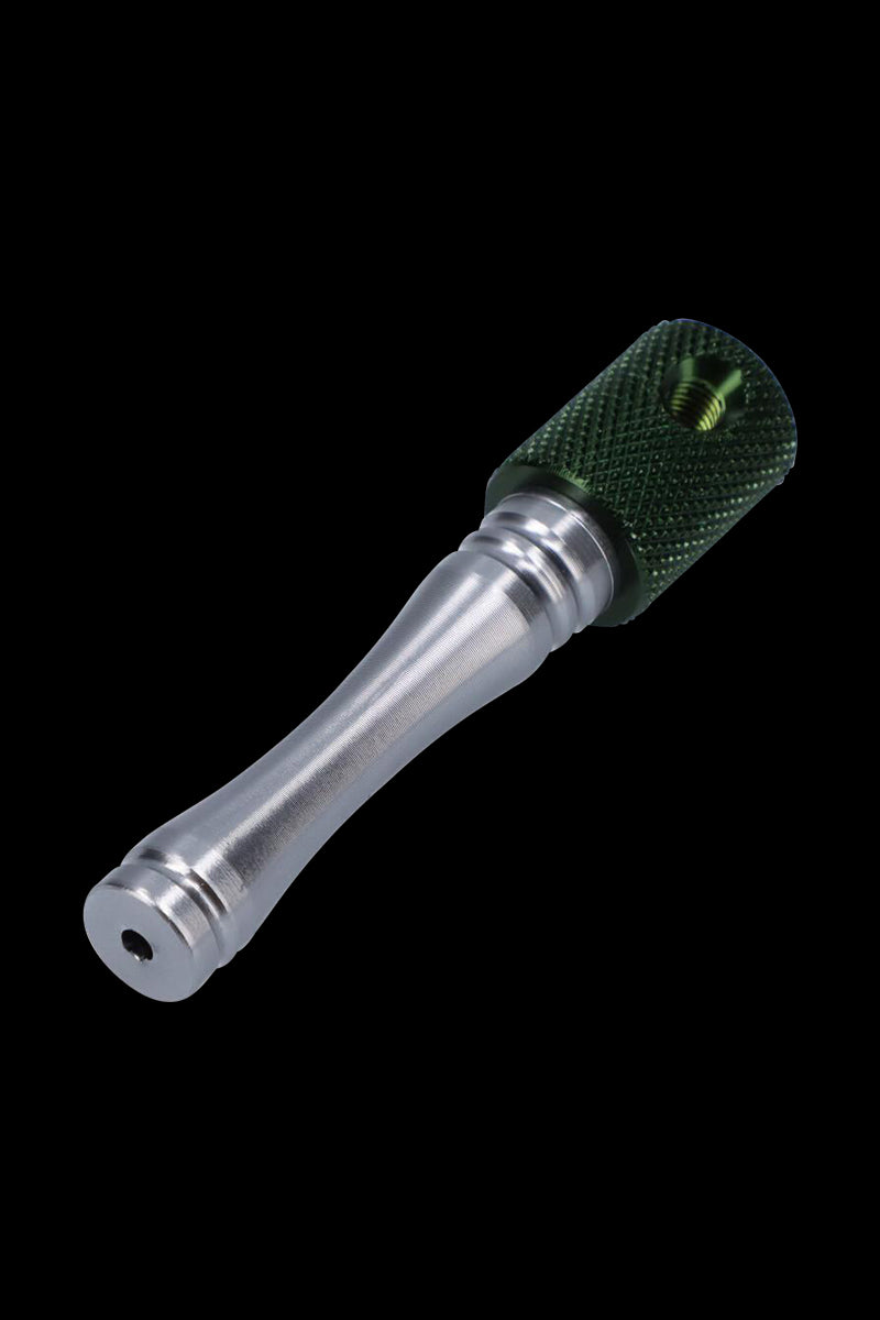 Metal Hand Pipe with Colored Finish shown in a close-up, angled view with a vibrant, textured green finish on its bowl.