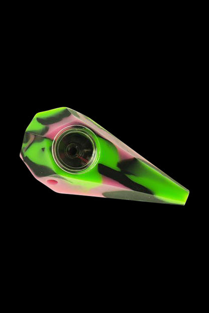 A side view of the Silicone Diamond Hand Pipe with Glass Bowl, displaying its faceted design and colorful gradient.