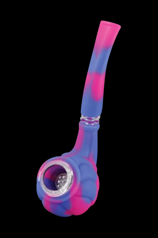 Pink and blue silicone smoking pipe with a glass bowl.