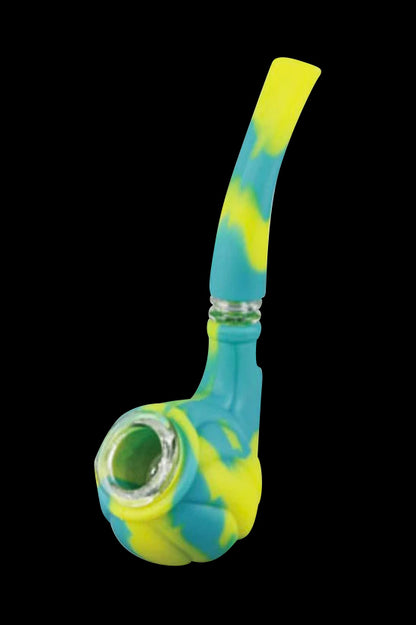 Colorful silicone cannabis pipe with a green glass bowl.