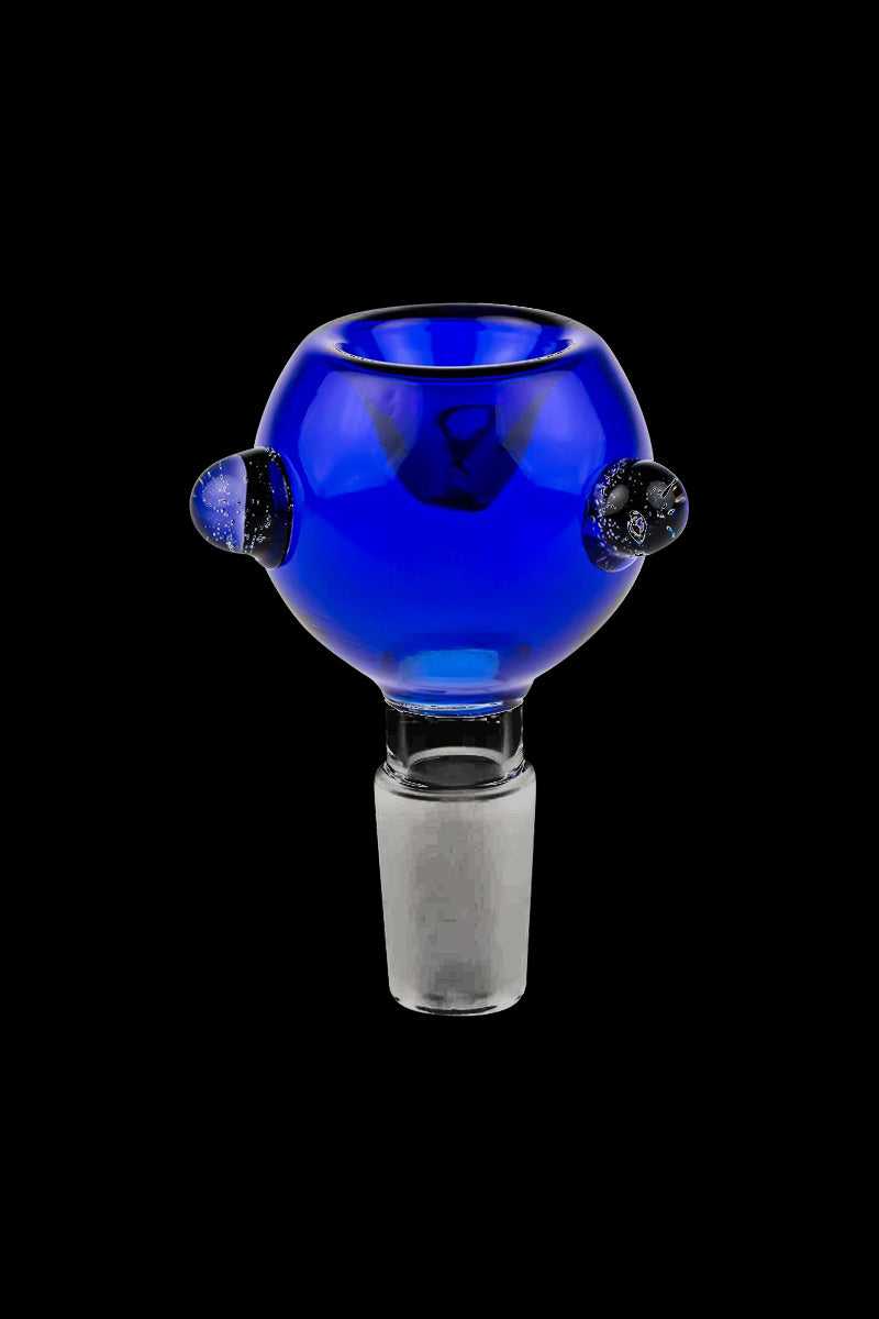 A front view of the Cobalt Blue Glass Bowl with Glass Marbles, featuring a rounded blue glass bowl with decorative glass marbles.