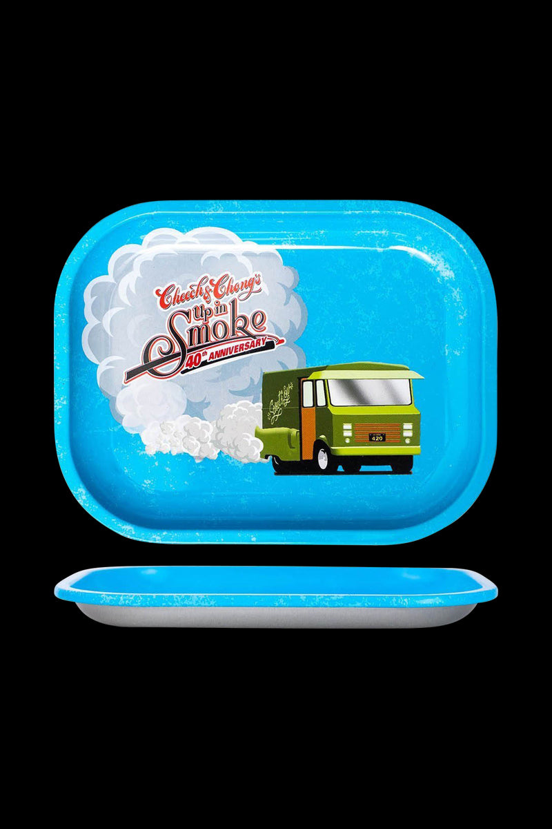 Overhead view of the Cheech & Chong 40th Anniversary Rolling Tray in blue, displaying a colorful graphic design.