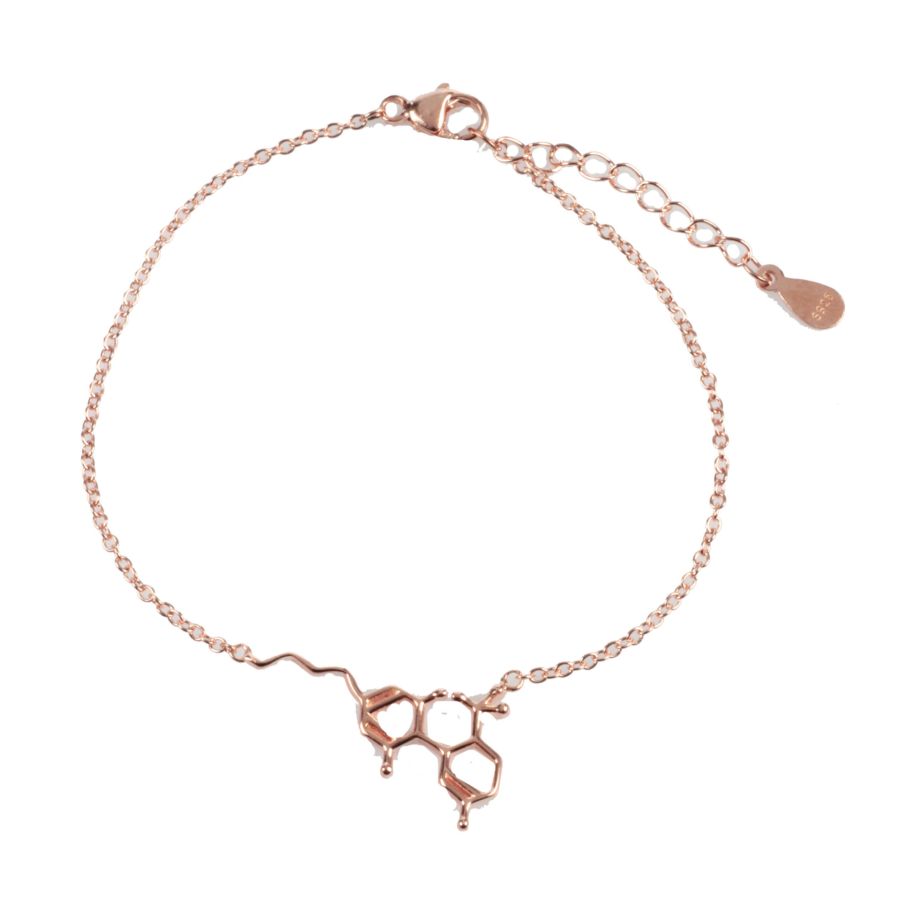 A close-up of the Smoke Cartel THC Molecule Bracelet, a delicate silver chain featuring a molecular pendant.