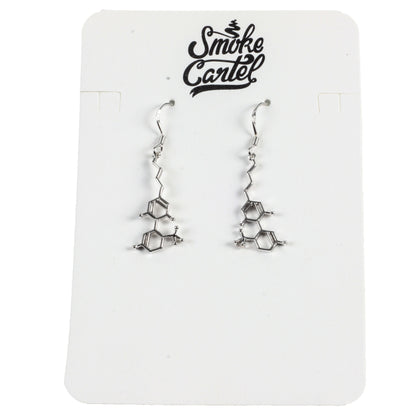 A close-up shows the Smoke Cartel THC Molecule Earrings, silver-toned studs depicting a molecular structure against a plain white background.