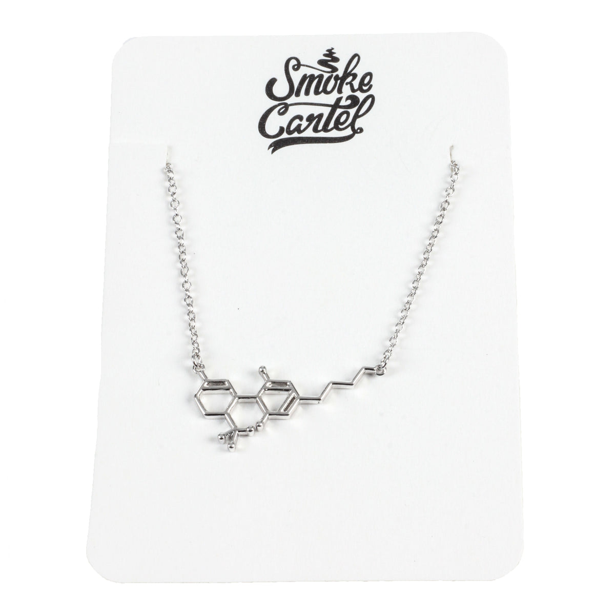 A close-up shot of the Smoke Cartel THC Molecule Necklace, a delicate silver chain featuring a molecular pendant.