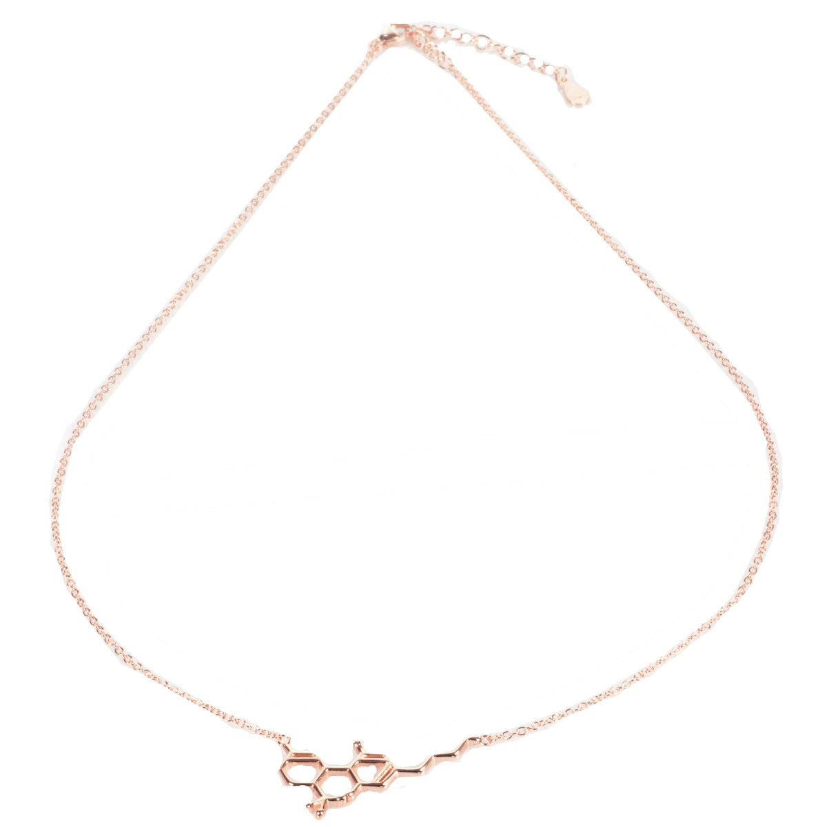 A close-up of the Smoke Cartel THC Molecule Necklace, featuring a delicate, silver-tone chain and pendant shaped like a molecular structure.