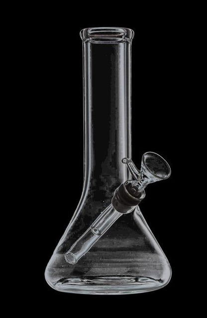 Front view of the Scientific Beaker Base Water Pipe, a clear glass piece with a simple, cylindrical base design.
