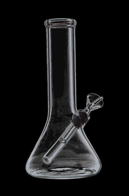 Front view of the Scientific Beaker Base Water Pipe, a clear glass piece with a classic beaker shape and simple design.
