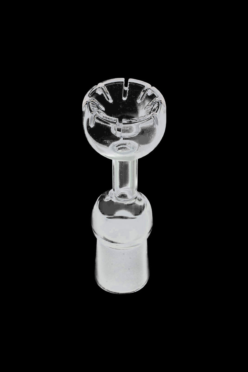 A close-up, angled view of the Female Quartz Daisy Dab Nail, showcasing its clear quartz construction and floral-inspired design.