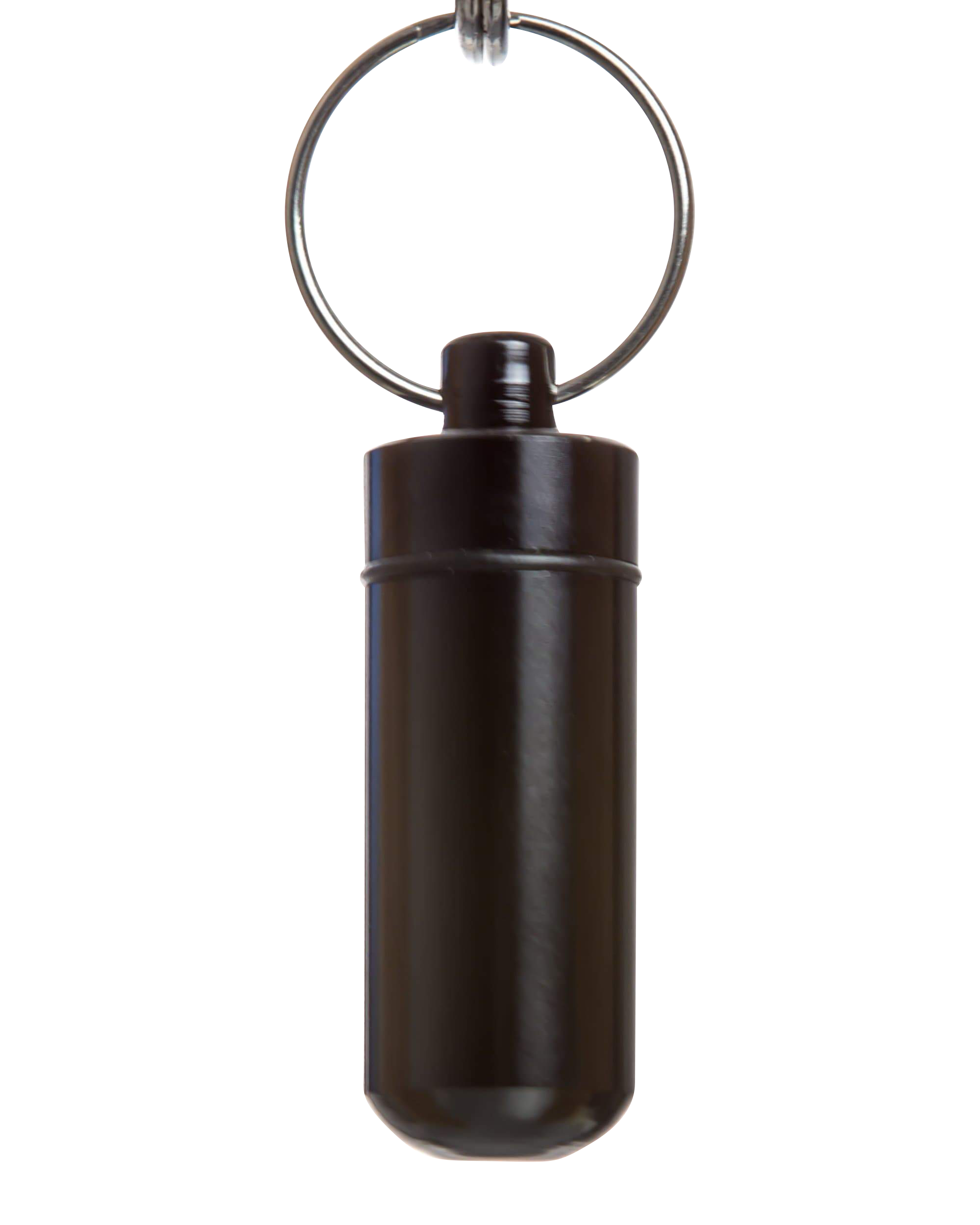 A front view of the Discrete Key Chain Stash Jar, a small, black container attached to a silver key ring against a white backdrop.