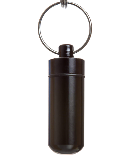 A front view of the Discrete Key Chain Stash Jar, a small, black container attached to a silver key ring against a white backdrop.