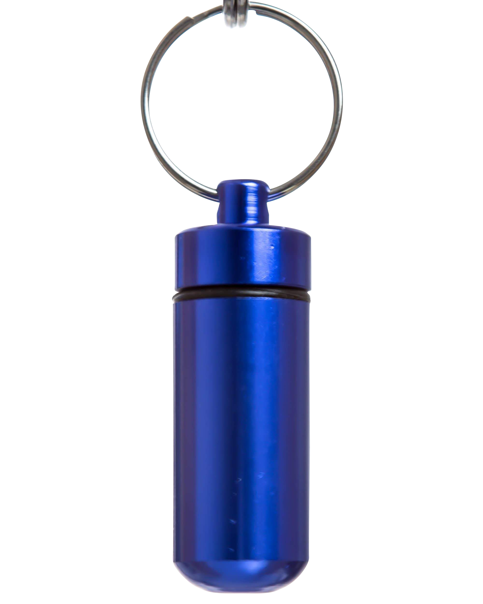 A front view of the Discrete Key Chain Stash Jar, a small, silver-toned container with a keyring attached.