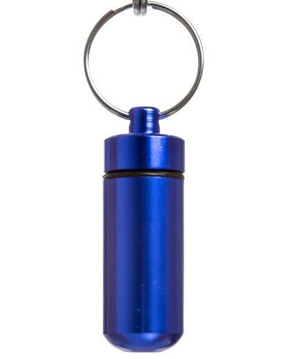 A front view of the Discrete Key Chain Stash Jar, a small, silver-toned container with a keyring attached.