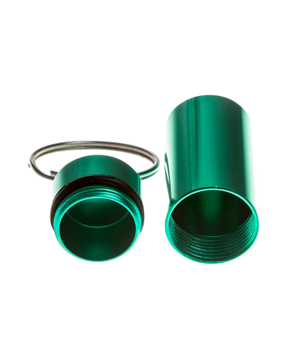 A close-up, angled view of the Discrete Key Chain Stash Jar, showing its metallic finish and keychain attachment against a plain white background.