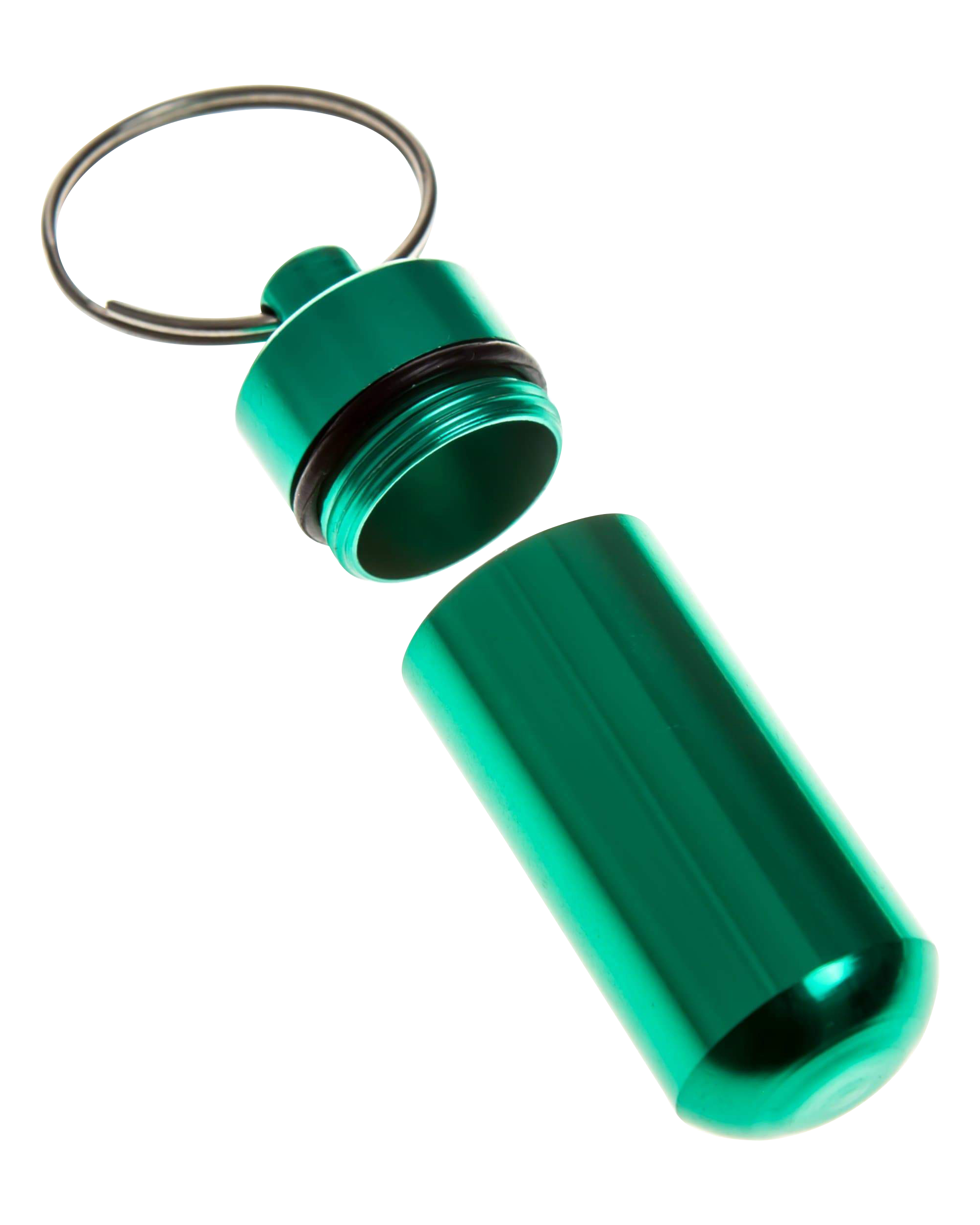A slightly angled view of the Discrete Key Chain Stash Jar, appearing as a silver, cylindrical container with a screw-on lid and attached key chain.