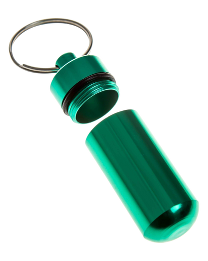 A slightly angled view of the Discrete Key Chain Stash Jar, appearing as a silver, cylindrical container with a screw-on lid and attached key chain.