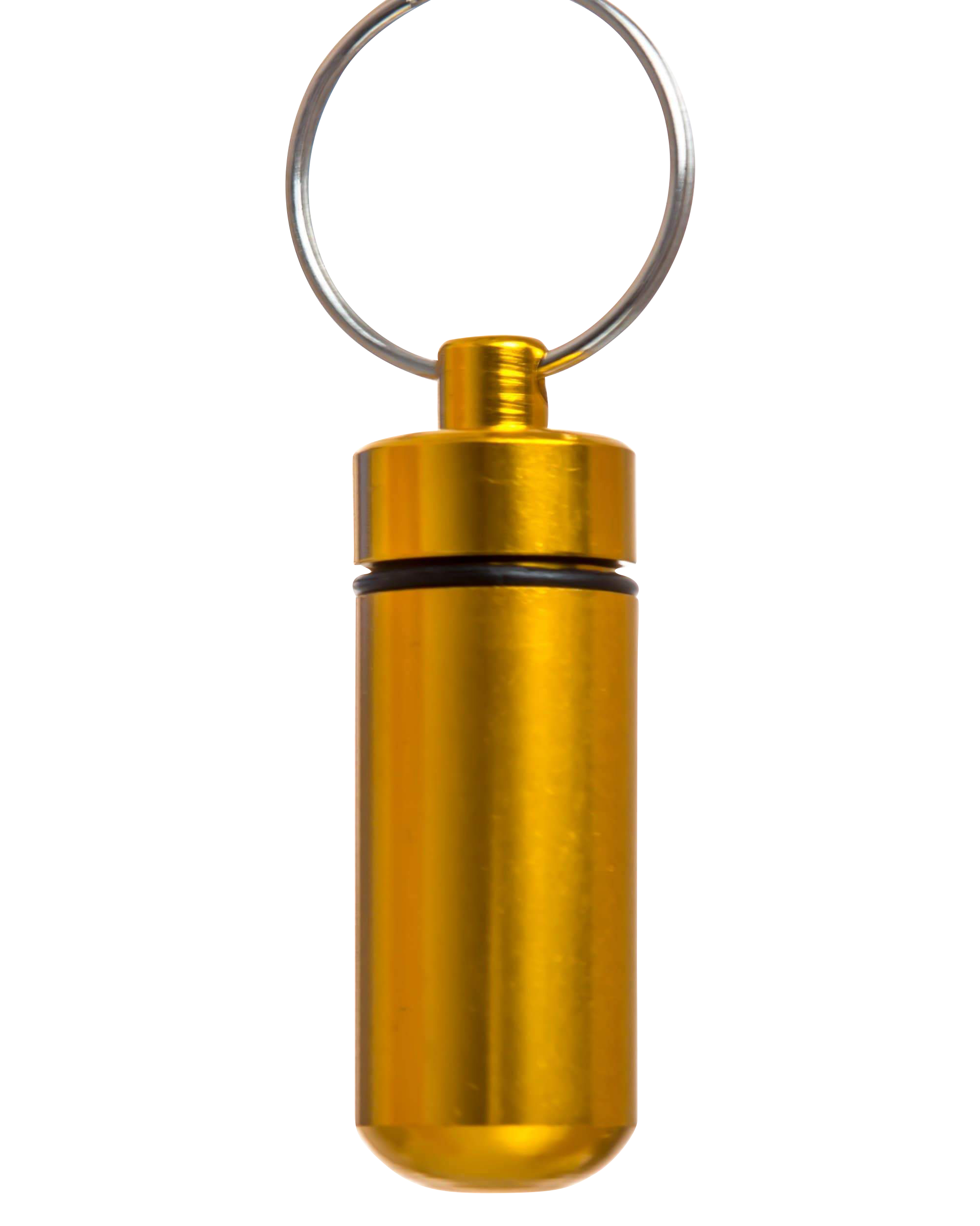 A close-up, side view of the Discrete Key Chain Stash Jar, a silver-toned metal container with a keyring attached.