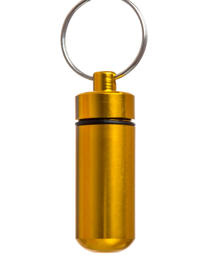 A close-up, side view of the Discrete Key Chain Stash Jar, a silver-toned metal container with a keyring attached.