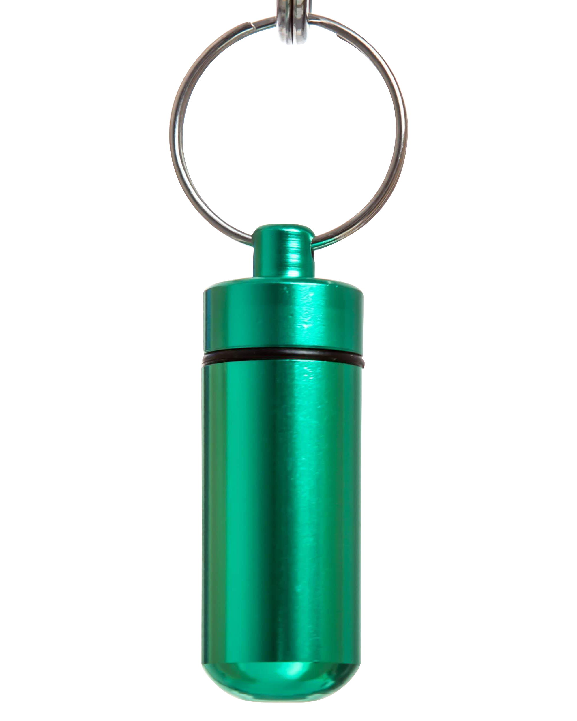 A slightly angled studio shot of the Discrete Key Chain Stash Jar, a silver metal container with a keyring attached.