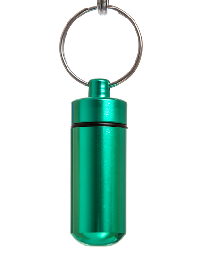 A slightly angled studio shot of the Discrete Key Chain Stash Jar, a silver metal container with a keyring attached.