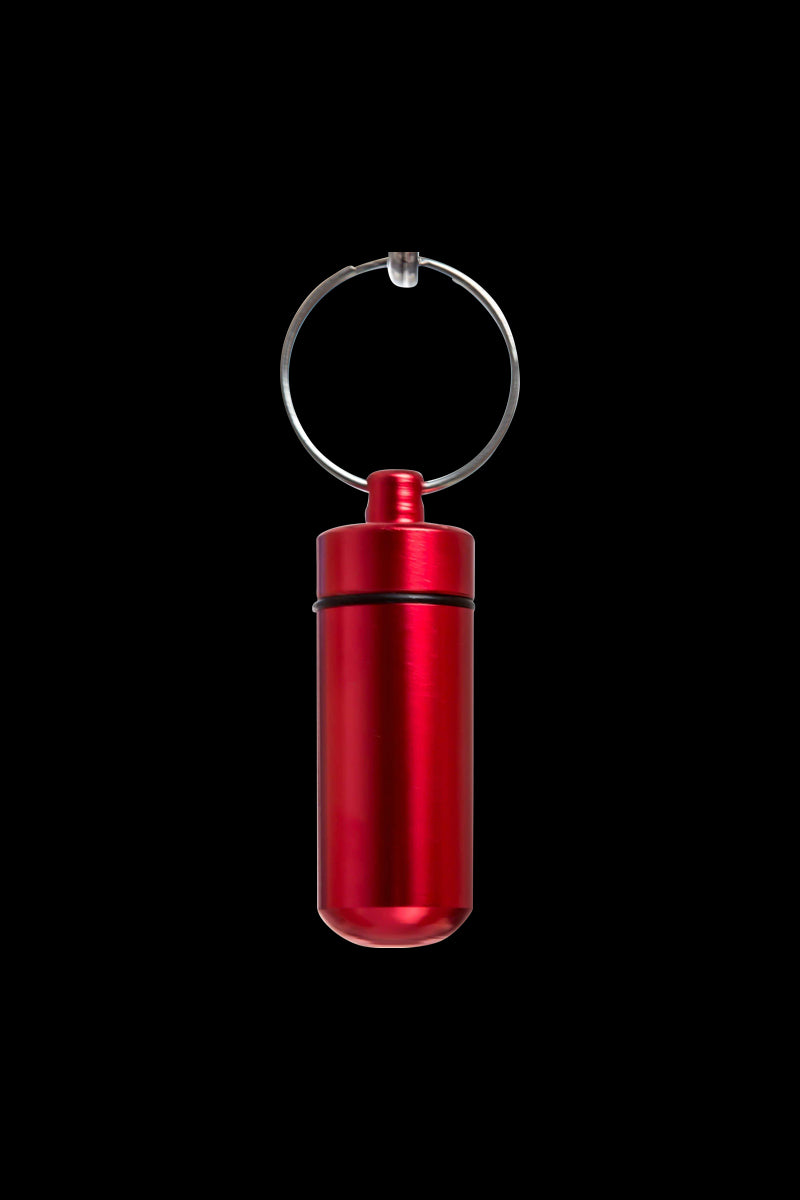 Front view of the Discrete Key Chain Stash Jar, a silver metal container hanging from a key chain against a plain white background.