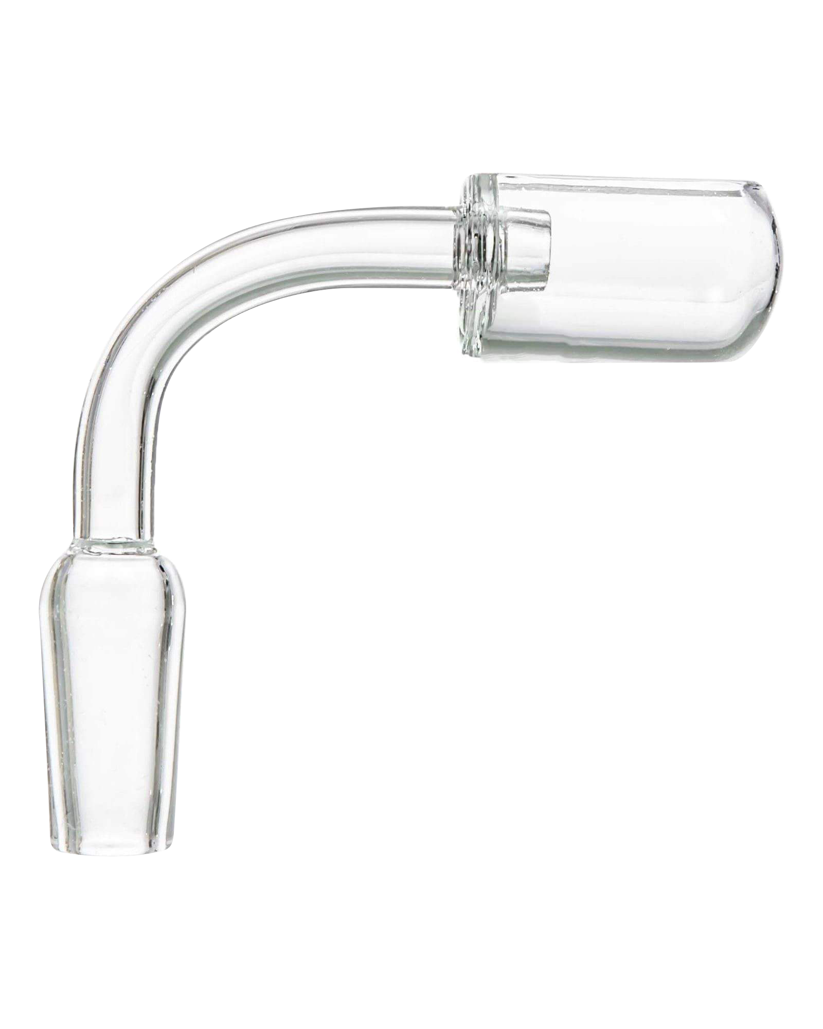 A close-up, angled view of the Quartz Capsule Banger Nail, showcasing its clear glass construction and rounded capsule shape.