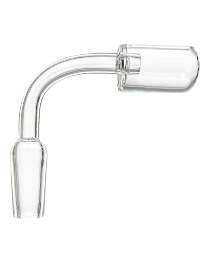 A close-up, angled view of the Quartz Capsule Banger Nail, showcasing its clear glass construction and rounded capsule shape.