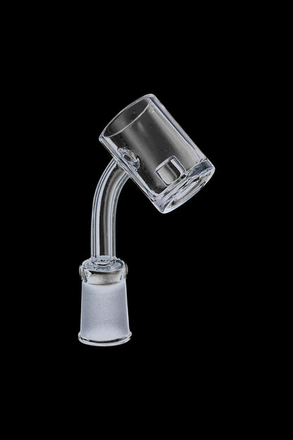 A close-up, angled view of the Quartz Core Reactor Banger Nail, showcasing its clear glass construction and open reactor style.
