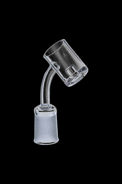 A close-up view of the Quartz Core Reactor Banger Nail, displaying its clear glass construction and angled design.