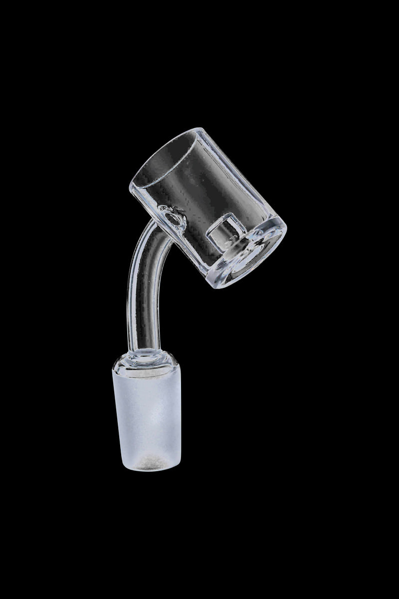 A close-up, angled view of the Quartz Core Reactor Banger Nail, displaying its clear glass construction and unique bowl shape.